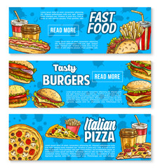 Vector fast food burger and sandwich sketch banner