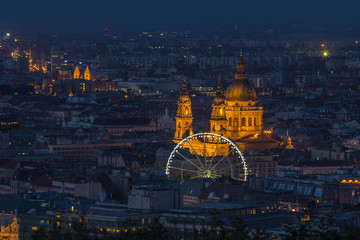 Budapest, Hungary - Skyline view of Budapest at blue hour with illuminated St Stephen's Basilica