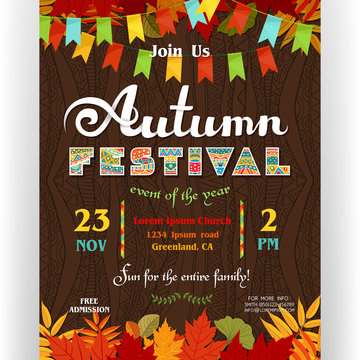 Autumn festival poster template with ornate letters, colorful fall season leaves and flags.