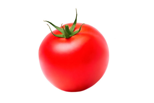 One round red ripe tomato on white isolate background, close-up