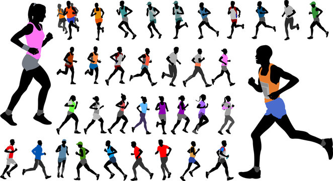 runners in color sportswear silhouettes collection - vector