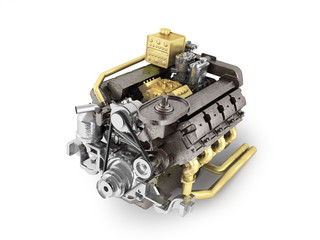 The truck engine concept of a modern cargo car engine 3d rendering on a white background