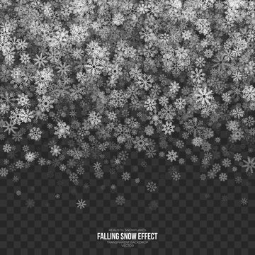 Falling Snow Effect with Abstract Silver Realistic Vector Snowflakes Overlay on Transparent Background. Christmas Winter 3D Illustration Design Element