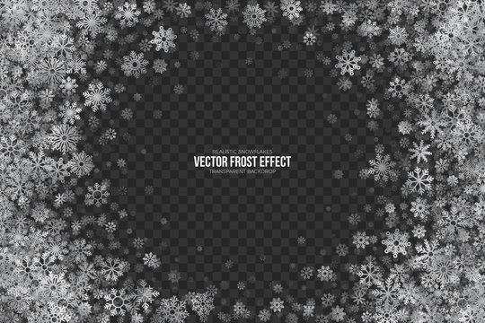 Realistic Vector Winter Silver Shimmer Snowflakes Frost Effect Isolated on Transparent Background. Christmas Holidays Party Abstract 3D Illustration