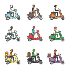 People ride scooter and delivery service with outline and different style