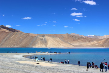 Mountain landscape in which you can see the lake. active leisure in tibet