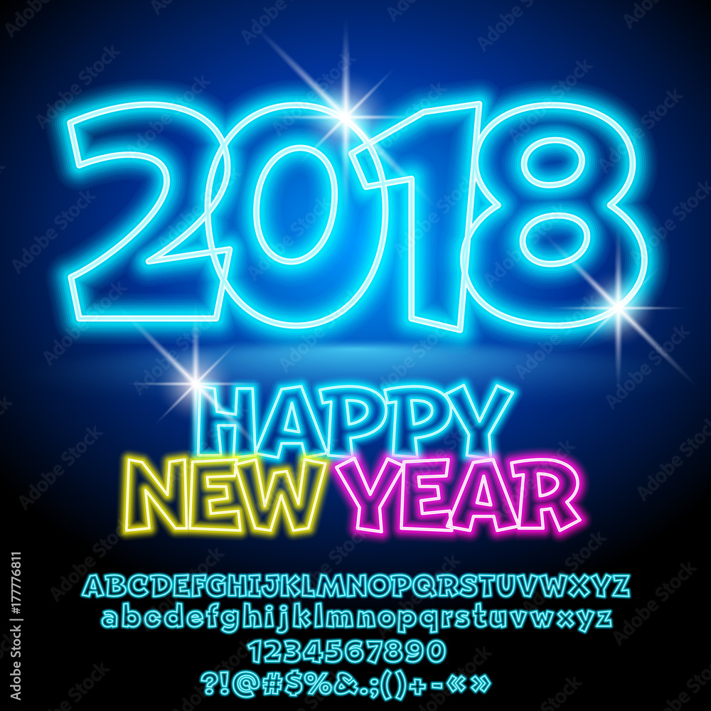 Fototapete vector colorful neon happy new year greeting card with set of letters, symbols and numbers. font con