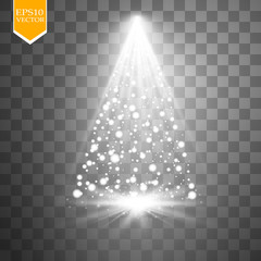 Christmas Tree made, White glitter bokeh lights and sparkles. Shining star, sun particles and sparks with lens flare effect on transparent background