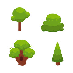 Set of flat cartoon, comic style green summer tree with lush foliage, vector illustration isolated on white background. Flat style set of forest trees and bushes, decoration elements