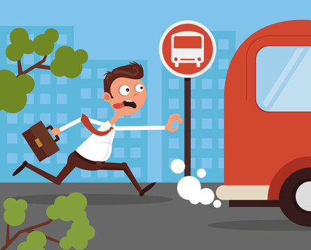 Hurry anxiety stressed office worker businessman character running after bus. Lateness concept. Vector flat cartoon illustration