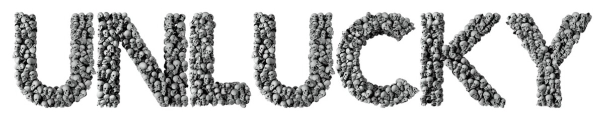 Unlucky word made from a skull font. 3D Rendering