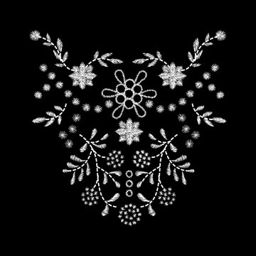 white flower embroidery artwork design for neckline clothing, isolated floral vector on black background