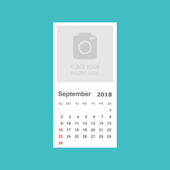 September 2018 calendar. Calendar planner design template with place for photo. Week starts on sunday. Business vector illustration.