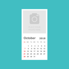 October 2018 calendar. Calendar planner design template with place for photo. Week starts on sunday. Business vector illustration.