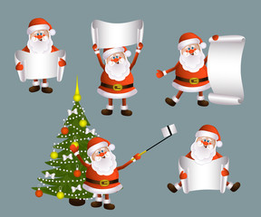 Cartoon set of Santa Claus holding blank, empty scroll banner and making selfie with Christmas tree, flat vector illustration isolated on grey background. Santa with empty poster, Christmas decoration