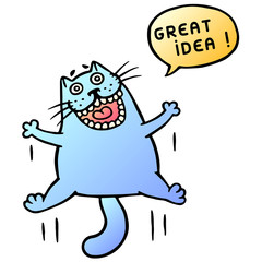 Great idea. Cute cat jumping and shout. Speech bubble. Vector Illustration.
