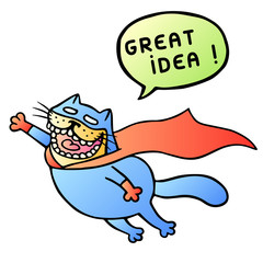 Great idea. Super cat flies and shout. Vector Illustration.