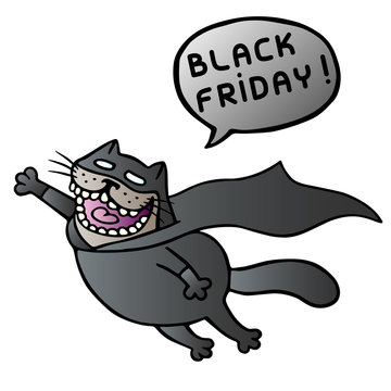 Black friday. Super cat flies and shout. Vector Illustration. Speech bubble.