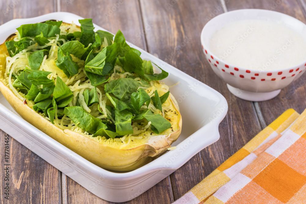 Wall mural spinach cheese spaghetti squash.