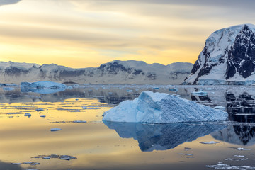 Cold still water of antarctic lagoon with drifting blue icebergs and mountains in the background, Antarctica
