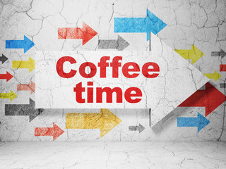 Timeline concept: arrow with Coffee Time on grunge wall background