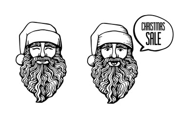 Vector new year sale poster with Santa and bubble. Holiday sale background and design banner. Vector template with hand-drawn xmas graphic.