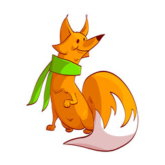 Colorful vector illustration of a cartoon orange fox with a green scarf, smiling