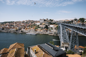Beautiful panoramic view on Porto's historic venter and Dom Luís I Bridge with river Douro