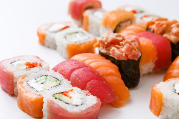 Closeup set of sushi rolls,maki on white background and copy space