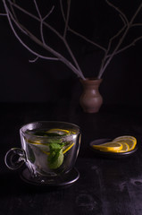 Mint lemon tea on a dark background