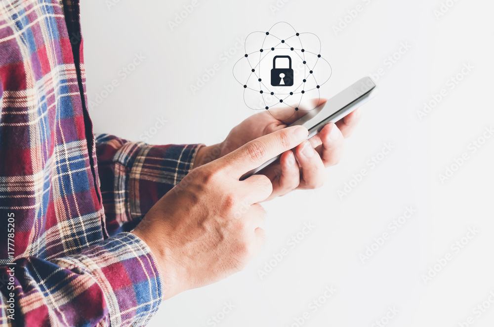 Aufkleber man in the red shirt touch the phone screen with a padlock symbol showing up. security concepts in t