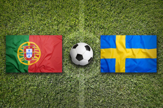 Portugal vs. Sweden flags on soccer field