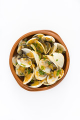 Clams with marinera sauce.Almejas a la marinera. Spanish recipe isolated on white background.Top view