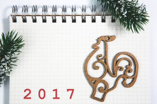 2017 open blank spiral notepad with wooden rooster christmas concept