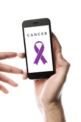 Hand holding smartphone, blank screen with purple ribbon isolated on white background. World Cancer Day. Pancreatic cancer, honors cancer, leiomyosarcoma cancer concept