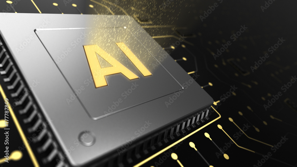 Poster 3d illustration of computer chip over circuit background with ai sign. ai(artificial intelligence) c