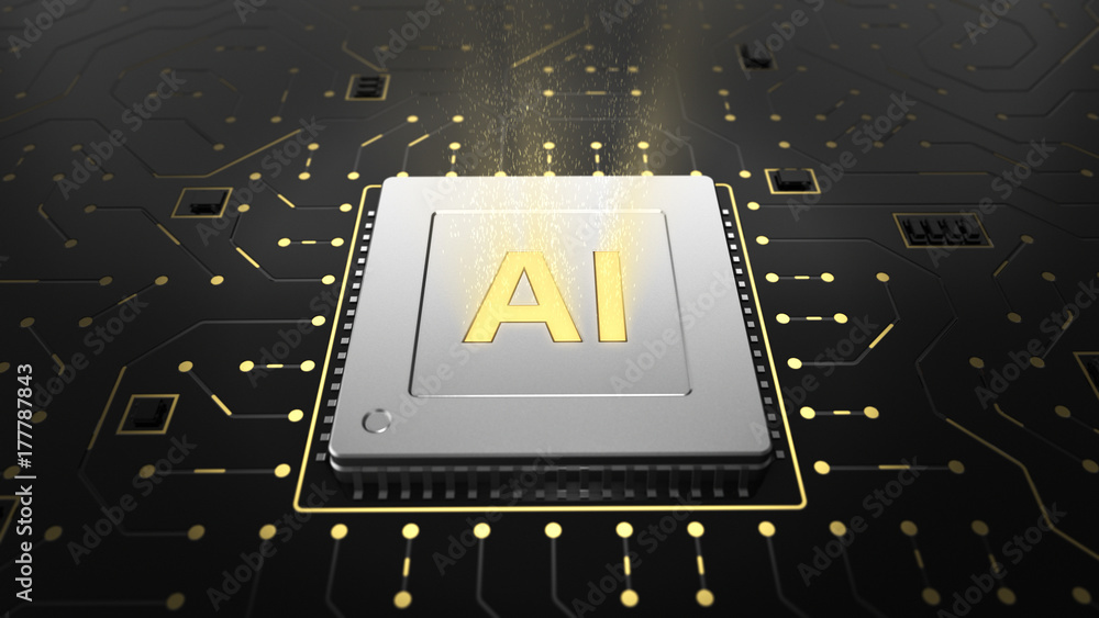 Poster 3d illustration of computer chip over circuit background with ai sign. ai(artificial intelligence) c