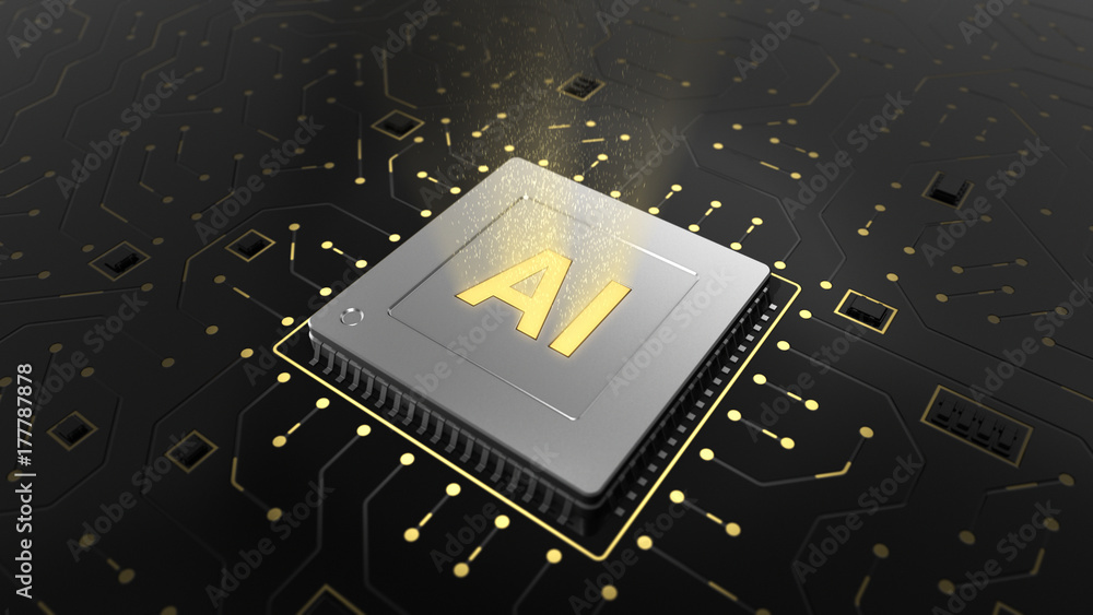 Poster 3d illustration of computer chip over circuit background with ai sign. ai(artificial intelligence) c
