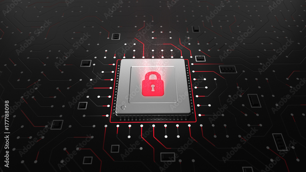 Poster 3d render of a cpu on a motherboard with locked cpu symbol representing cyber security and data prot