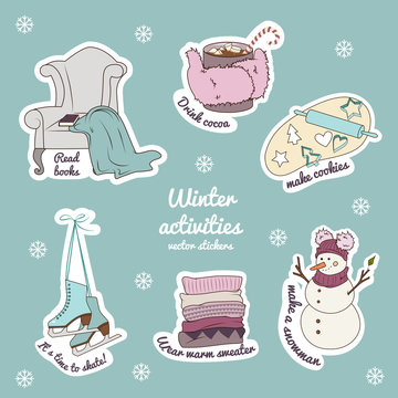 Vector Set Of Winter Stickers. Winter Activities.