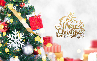Christmas tree with decorations and snowflake on bokeh background. for Happy New Year 2018