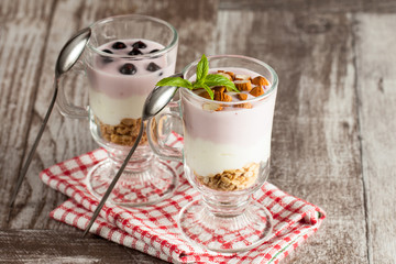 Fresh yogurt with granola and muesli, fresh berries and almonds nuts. Healthy morning breakfast of smoothie.