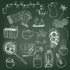 Vector sketchy set. Cozy hygge elements, home interior details. 