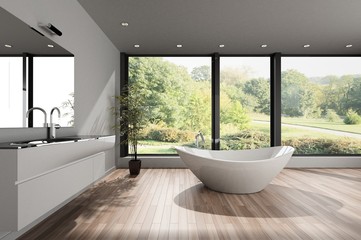 Large spacious modern bathroom overlooking a park