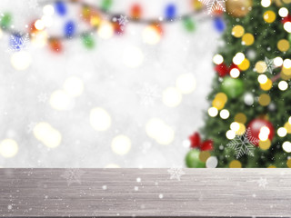 Blurry Christmas tree with decorations and snowflake on bokeh background. for Happy New Year 2018