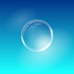 Vector transparent realistic soap bubble isolated on blue background. Easy to use for your design.