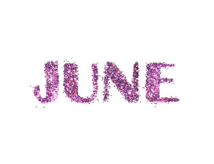 June, name of the summer month of purple glitter isolated on white background