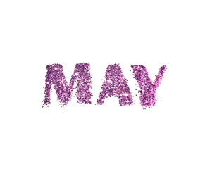 May, name of the spring month of purple glitter isolated on white background