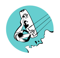 Vintage surfing label and badge.Ocean wave, kitesurfing and sea sport on the blue background.Vector illustration.Summer water beach sports, activities.Man wakeboarding, kitesurfing