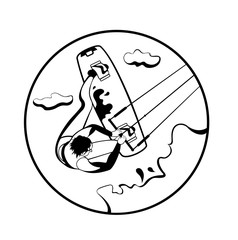 Vintage surfing outline label and badge.Ocean wave, kitesurfing and sea sport.Vector illustration.Summer water beach sports, activities.Man wakeboarding, kitesurfing